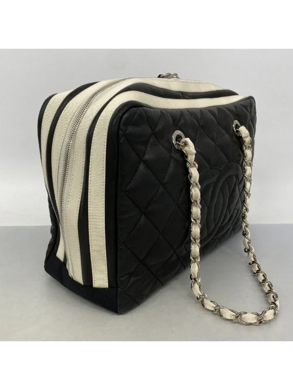 Chanel Chain Tote Quilted Lambskin Black Silver